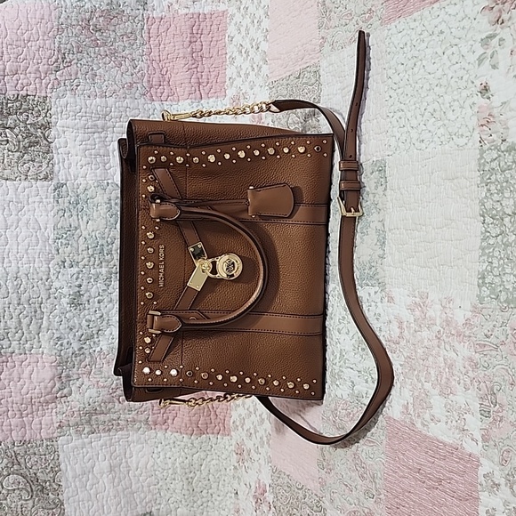 Michael Kors Handbags - Michael Kors Nouveau Hamilton Studded Leather Satchel Bag in Luggage